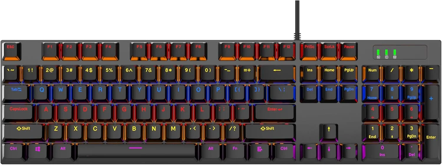 کیبورد گیمینگ مکانیکی سیم دار با سوئیچ آبی - کیبورد مکانیکی 104 کلید RGB با نور پس زمینه USB از WEETOTUNG - برای بازی های رایانه ای و کار اداری (مشکی)