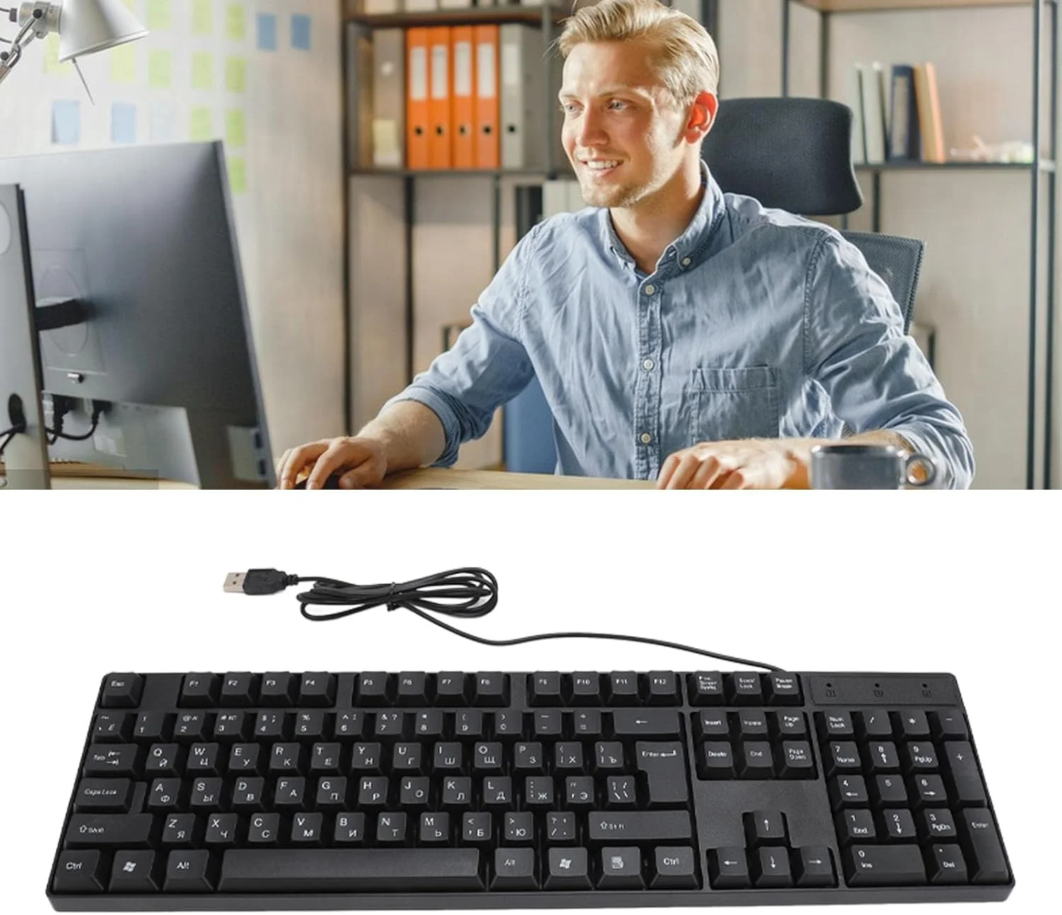 کیبورد زبان های خارجی gernie، مدل K1800، دارای 104 کلید، کابل USB سیمی 1.5 متری، روسی، فرانسوی، انگلیسی، اسپانیایی، اتصال آسان، کیبورد گیمینگ ارگونومیک برای کامپیوتر، جنس (روسی)