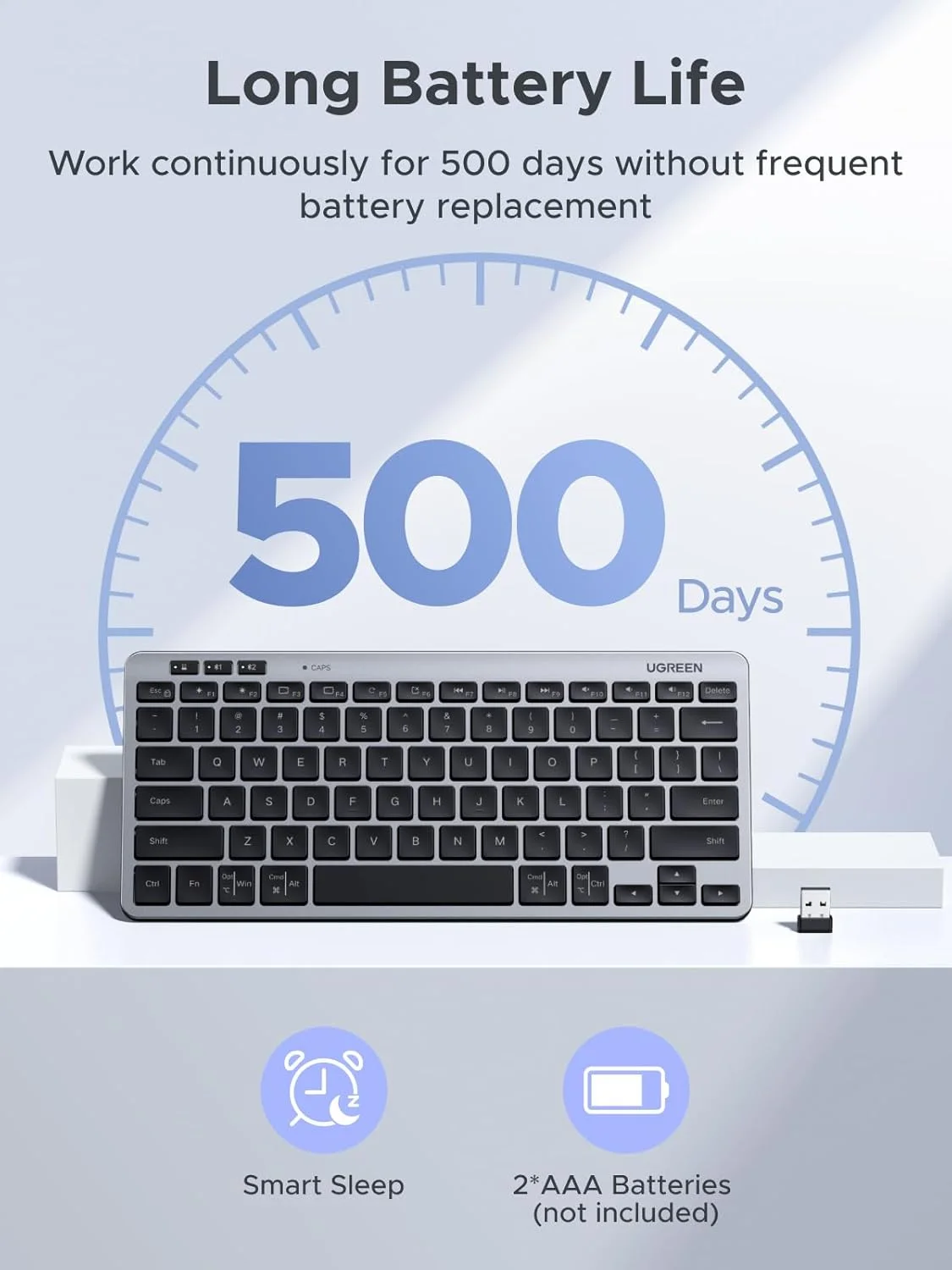 کیبورد بی‌سیم UGREEN با قابلیت اتصال به 3 دستگاه از طریق بلوتوث و 2.4G، کیبورد باریک و بی‌صدا با طراحی قیچی‌شکل، عمر باتری 250 روزه، پایه قابل تنظیم 4 تا 9 درجه، کیبورد فشرده و قابل حمل برای مک، آیپد، ویندوز، اندروید