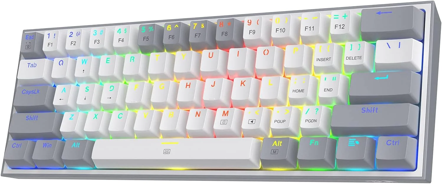 کیبورد گیمینگ سیم دار RGB ردراگون K617 Fizz 60%، کیبورد مکانیکی جمع و جور 61 کلیدی با کلیدهای سفید و خاکستری، سوییچ قرمز خطی، پشتیبانی از درایور/نرم افزار حرفه ای