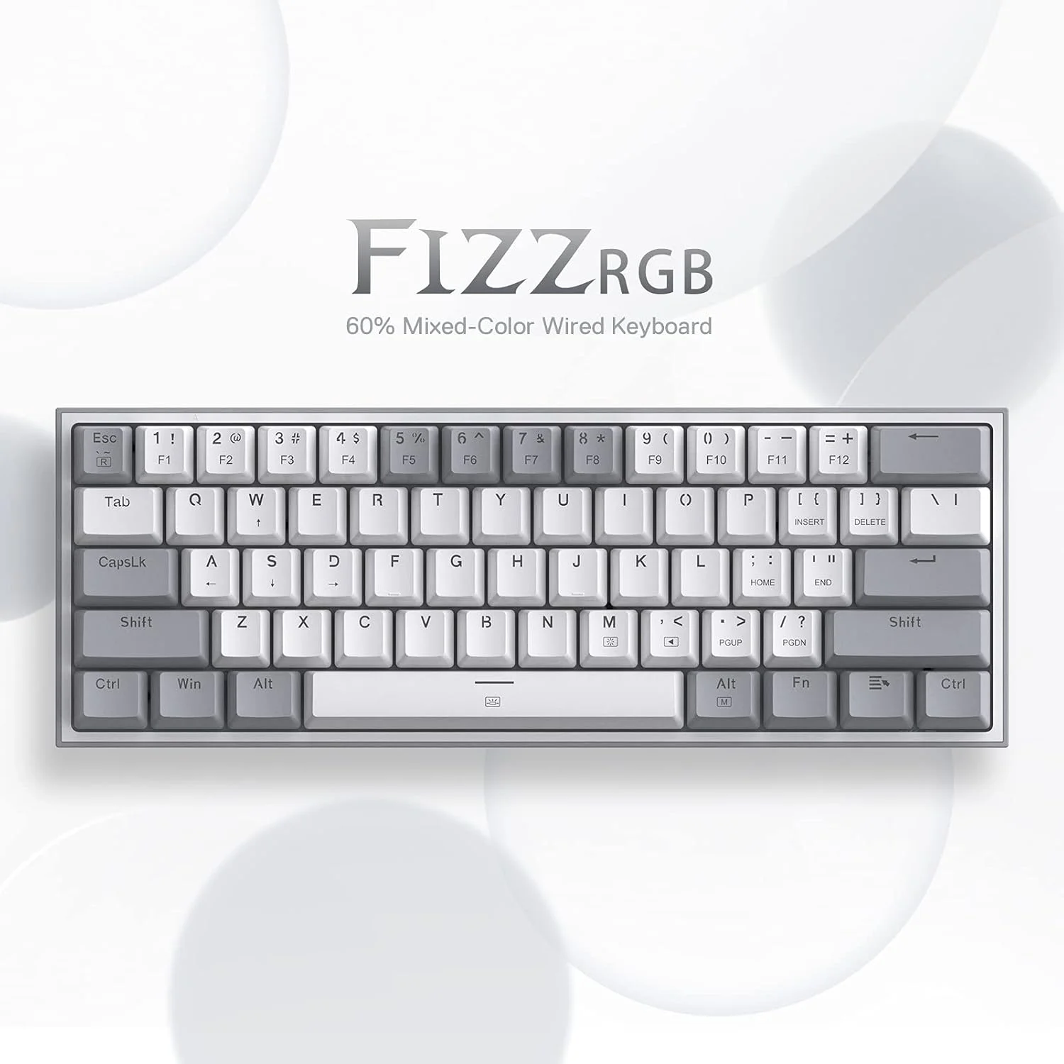 کیبورد گیمینگ سیم دار RGB ردراگون K617 Fizz 60%، کیبورد مکانیکی جمع و جور 61 کلیدی با کلیدهای سفید و خاکستری، سوییچ قرمز خطی، پشتیبانی از درایور/نرم افزار حرفه ای