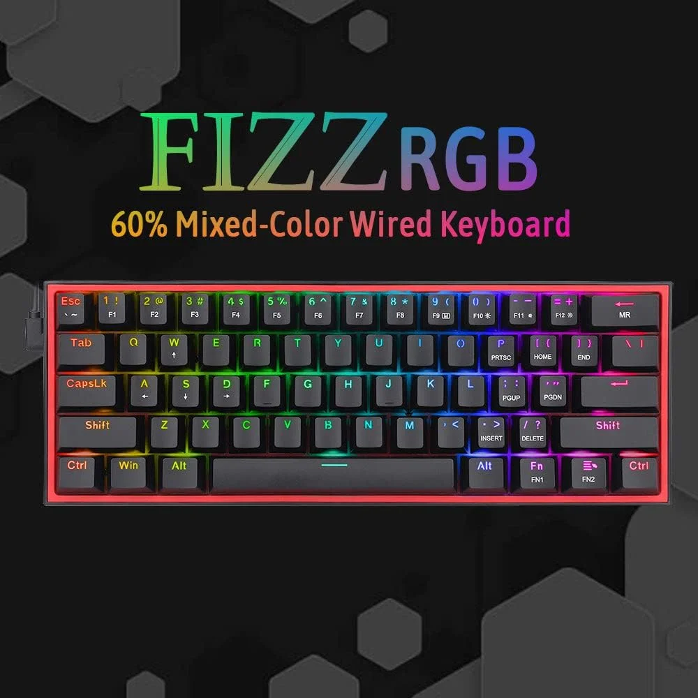 کیبورد گیمینگ سیم دار RGB 60% رداگون K617 Fizz، کیبورد مکانیکی فشرده 61 کلید، (سوییچ قرمز خطی)، پشتیبانی از درایور/نرم افزار حرفه ای || مشکی