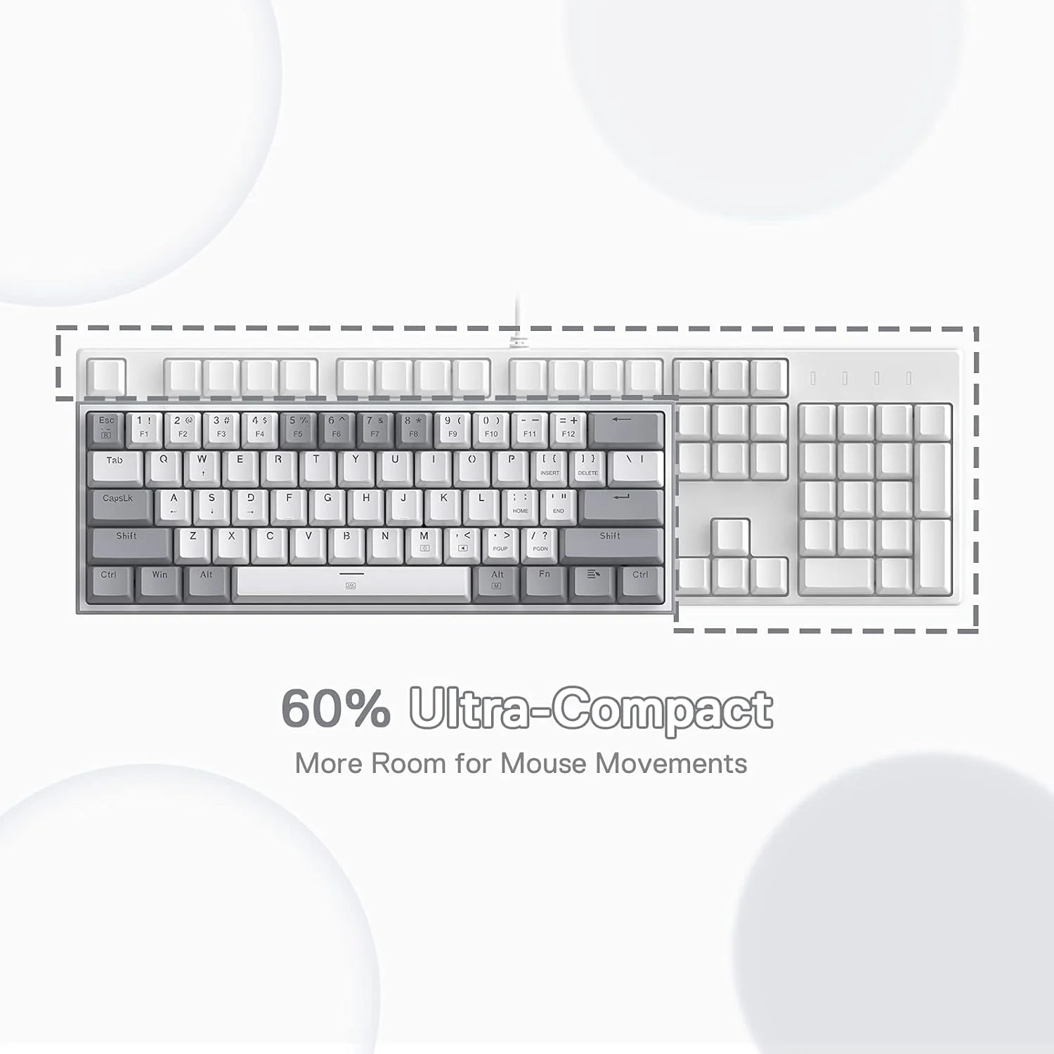 کیبورد گیمینگ سیم دار RGB ردراگون K617 Fizz 60%، کیبورد مکانیکی جمع و جور 61 کلیدی با کلیدهای سفید و خاکستری، سوییچ قرمز خطی، پشتیبانی از درایور/نرم افزار حرفه ای