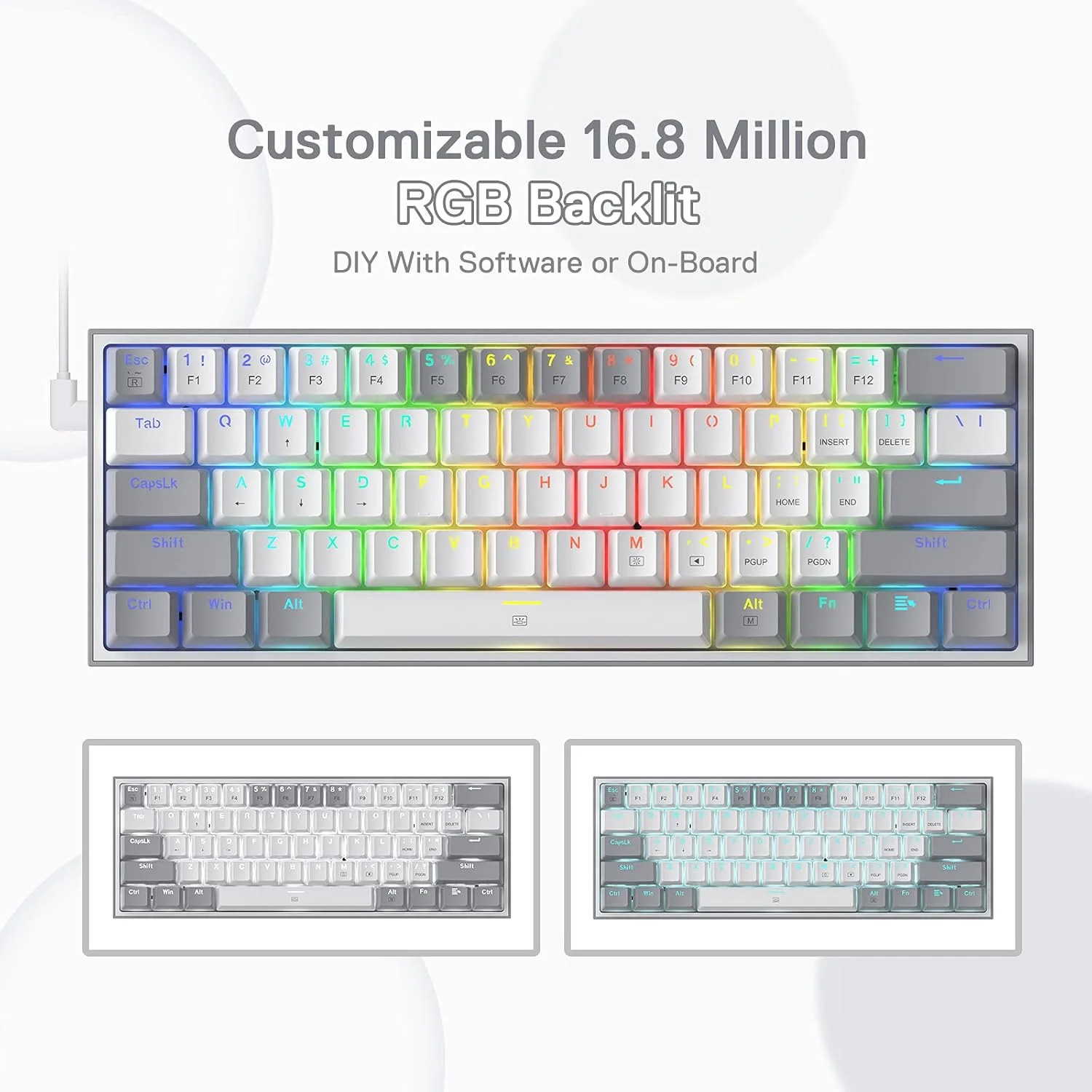 کیبورد گیمینگ سیم دار RGB ردراگون K617 Fizz 60%، کیبورد مکانیکی جمع و جور 61 کلیدی با کلیدهای سفید و خاکستری، سوییچ قرمز خطی، پشتیبانی از درایور/نرم افزار حرفه ای