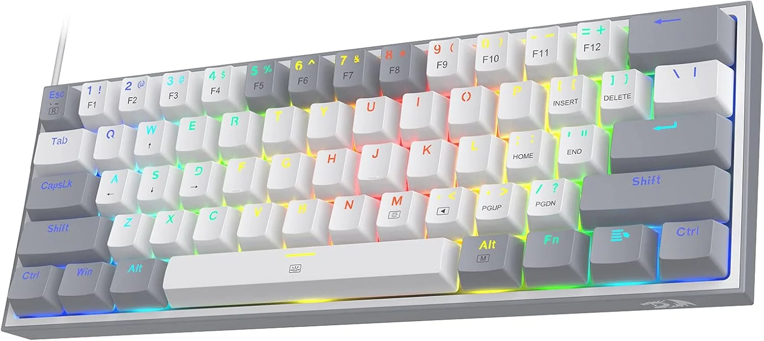 کیبورد گیمینگ سیم دار RGB ردراگون K617 Fizz 60%، کیبورد مکانیکی جمع و جور 61 کلیدی با کلیدهای سفید و خاکستری، سوییچ قرمز خطی، پشتیبانی از درایور/نرم افزار حرفه ای