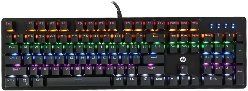 کیبورد گیمینگ مکانیکی سیم دار HP GK100 با نور پس زمینه RGM، سایز کامل، 4 نشانگر LED، سوییچ های مکانیکی، روکش کلیدهای تزریقی دوبل، قفل کلید ویندوز، 3 سال گارانتی (1D763AA)