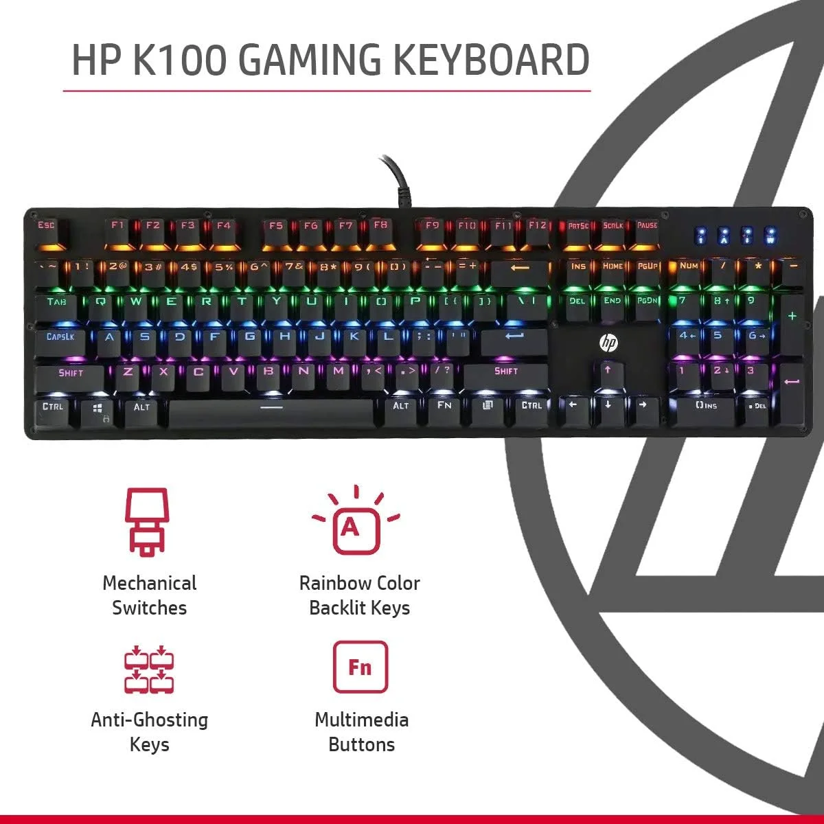 کیبورد گیمینگ مکانیکی سیم دار HP GK100 با نور پس زمینه RGM، سایز کامل، 4 نشانگر LED، سوییچ های مکانیکی، روکش کلیدهای تزریقی دوبل، قفل کلید ویندوز، 3 سال گارانتی (1D763AA)