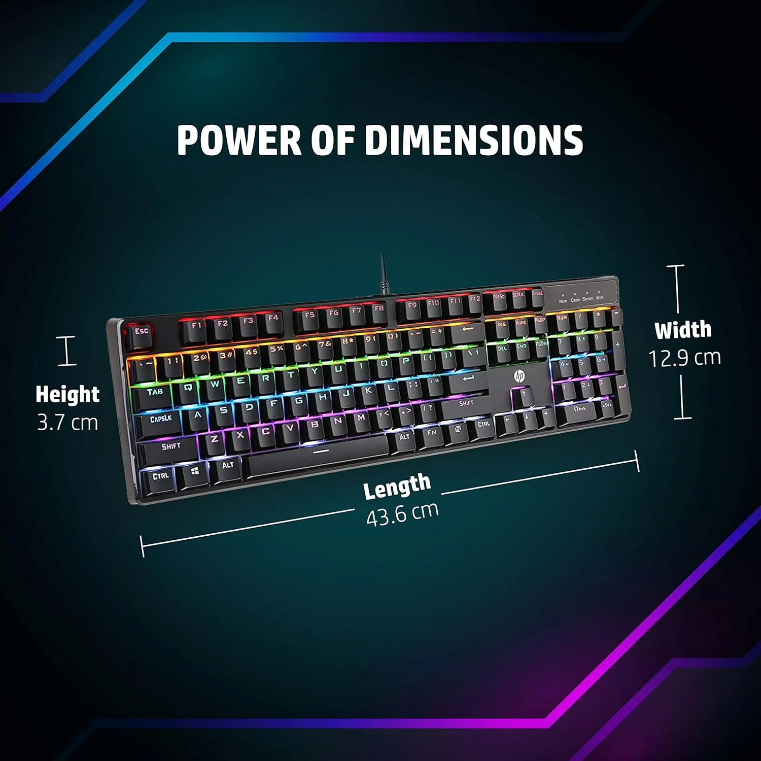 کیبورد گیمینگ مکانیکی سیم دار HP GK100 با نور پس زمینه RGM، سایز کامل، 4 نشانگر LED، سوییچ های مکانیکی، روکش کلیدهای تزریقی دوبل، قفل کلید ویندوز، 3 سال گارانتی (1D763AA)