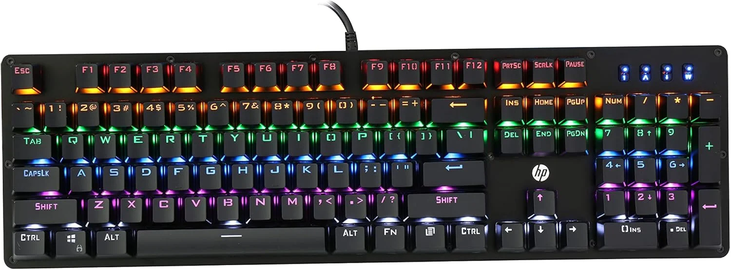 کیبورد گیمینگ مکانیکی سیم دار HP GK100 با نور پس زمینه RGM، سایز کامل، 4 نشانگر LED، سوییچ های مکانیکی، روکش کلیدهای تزریقی دوبل، قفل کلید ویندوز، 3 سال گارانتی (1D763AA)