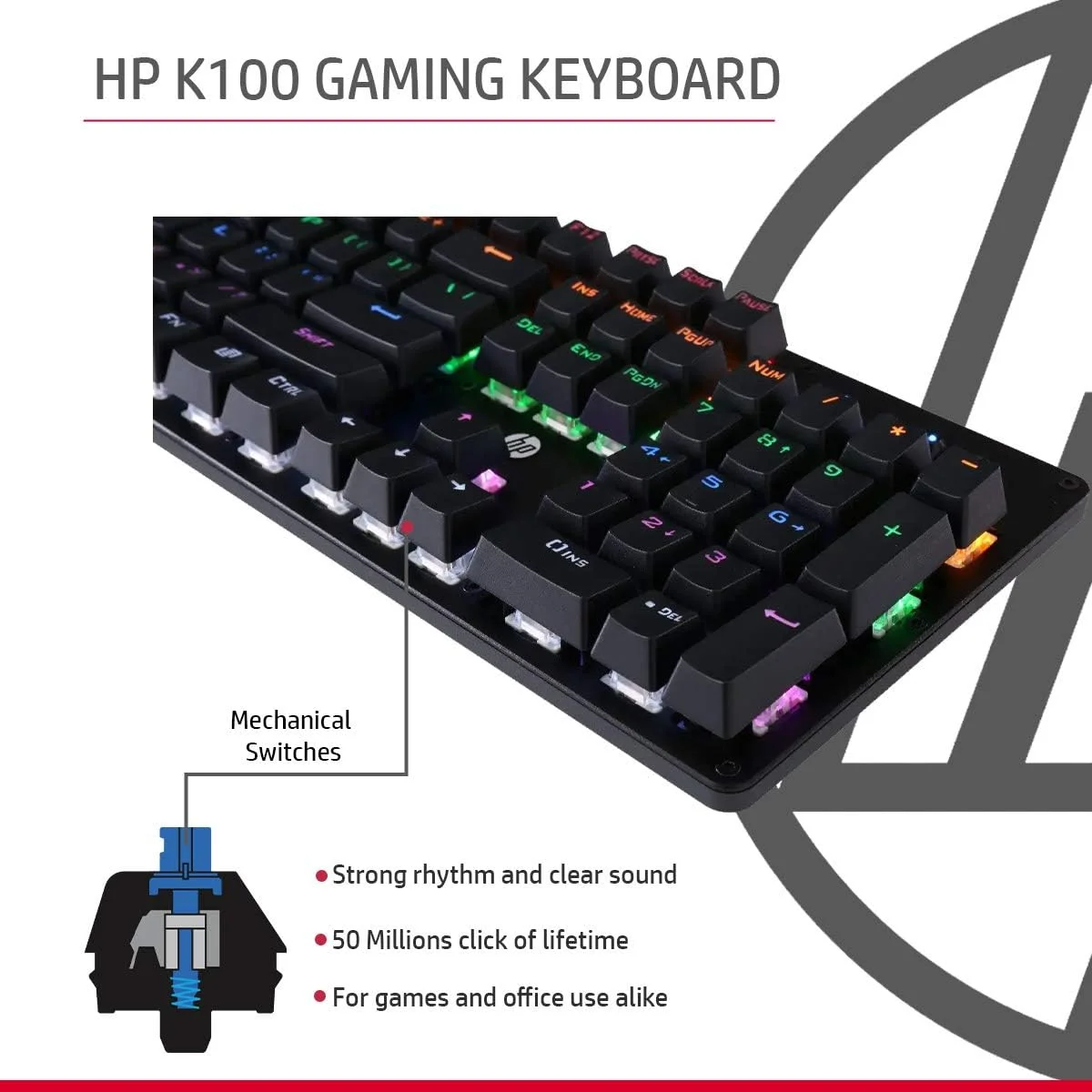 کیبورد گیمینگ مکانیکی سیم دار HP GK100 با نور پس زمینه RGM، سایز کامل، 4 نشانگر LED، سوییچ های مکانیکی، روکش کلیدهای تزریقی دوبل، قفل کلید ویندوز، 3 سال گارانتی (1D763AA)