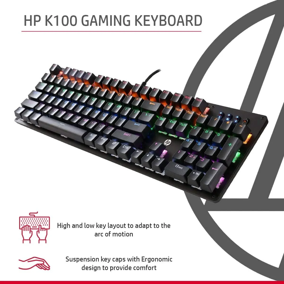 کیبورد گیمینگ مکانیکی سیم دار HP GK100 با نور پس زمینه RGM، سایز کامل، 4 نشانگر LED، سوییچ های مکانیکی، روکش کلیدهای تزریقی دوبل، قفل کلید ویندوز، 3 سال گارانتی (1D763AA)