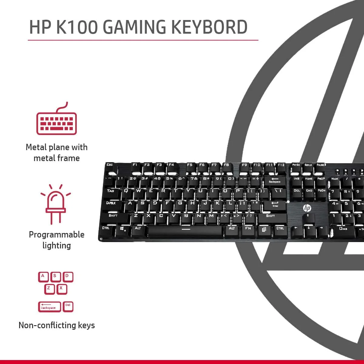 کیبورد گیمینگ مکانیکی سیم دار HP GK100 با نور پس زمینه RGM، سایز کامل، 4 نشانگر LED، سوییچ های مکانیکی، روکش کلیدهای تزریقی دوبل، قفل کلید ویندوز، 3 سال گارانتی (1D763AA)