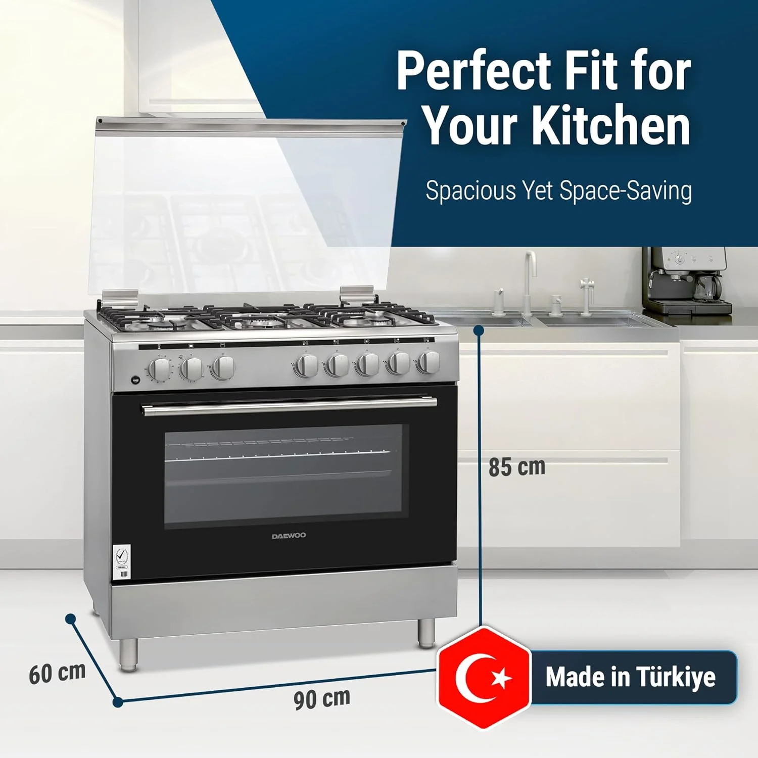 اجاق گاز دوو – اجاق گاز 90 × 60 سانتی متری با فر 90 لیتری و فن کانوکشن، اجاق گاز 5 شعله ساباف با ایمنی قطع شعله – DGC-S965HF – ساخت ترکیه – 1 سال گارانتی