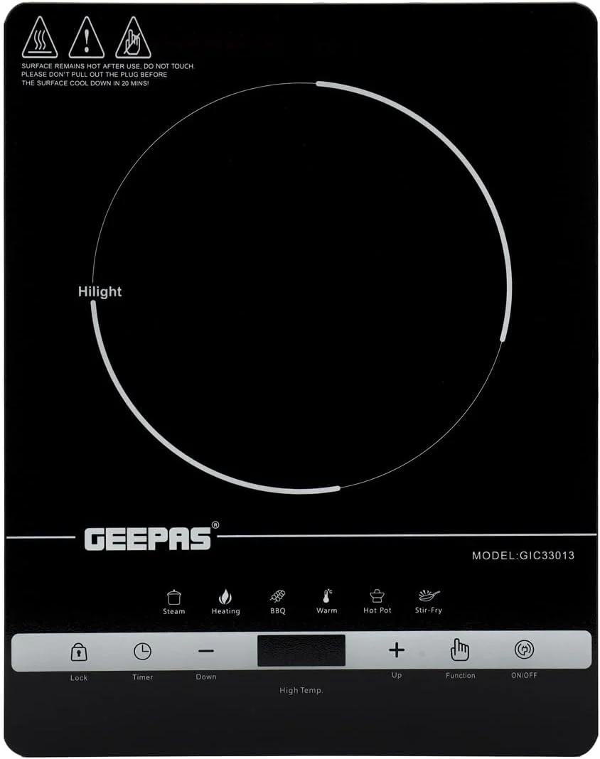 اجاق گاز مادون قرمز دیجیتال Geepas با نمایشگر LED 4 رقمی، مدل GIC33013 | 8 تنظیمات دما | تایمر قابل برنامه ریزی 3 ساعته | المنت حرارتی سرامیکی 2000 وات