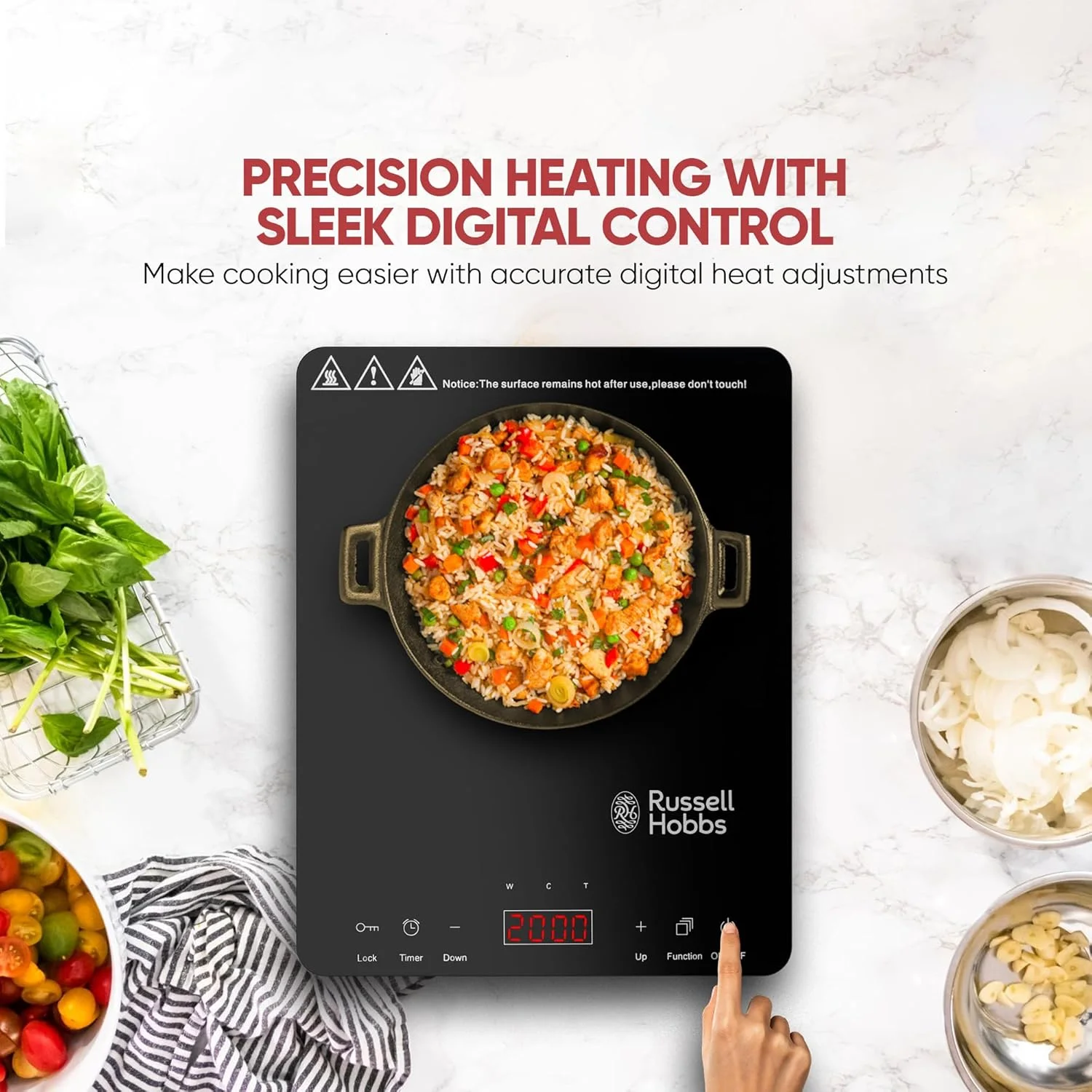 اجاق القایی تک شعله راسل هابز مدل T2 با توان 2000 وات، طراحی جمع و جور، راه حل پخت و پز قابل حمل با کنترل دما، تایمر قابل برنامه ریزی 3 ساعته، کنترل لمسی - مشکی اجاق القایی تک شعله راسل هابز مدل T2 با توان 2000 وات، طراحی جمع و جور، راه حل پخت و پز قابل حمل با کنترل دما، تایمر قابل برنامه ریزی 3 ساعته، کنترل لمسی - مشکی