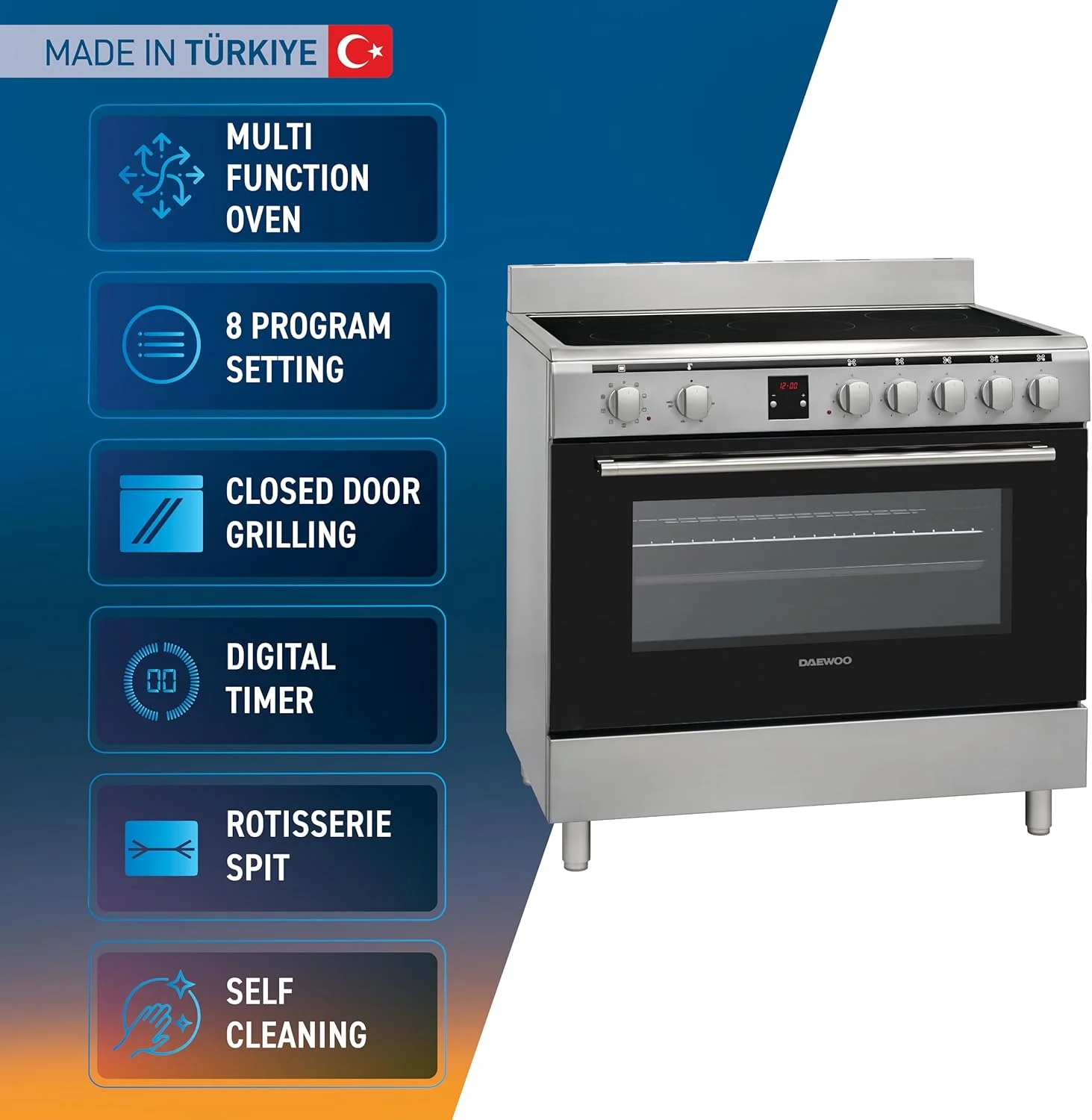 اجاق گاز سرامیکی دوو 90x60 سانتی متر - اجاق برقی با فر 90 لیتری دارای فن کانوکشن، اجاق گاز مادون قرمز 5 منطقه پخت و پز با 8 حالت برنامه، تایمر دیجیتال - DCC-S965HF - ساخت ترکیه - 1 سال گارانتی اجاق گاز سرامیکی دوو 90x60 سانتی متر - اجاق برقی با فر 90 لیتری دارای فن کانوکشن، اجاق گاز مادون قرمز 5 منطقه پخت و پز با 8 حالت برنامه، تایمر دیجیتال - DCC-S965HF - ساخت ترکیه - 1 سال گارانتی