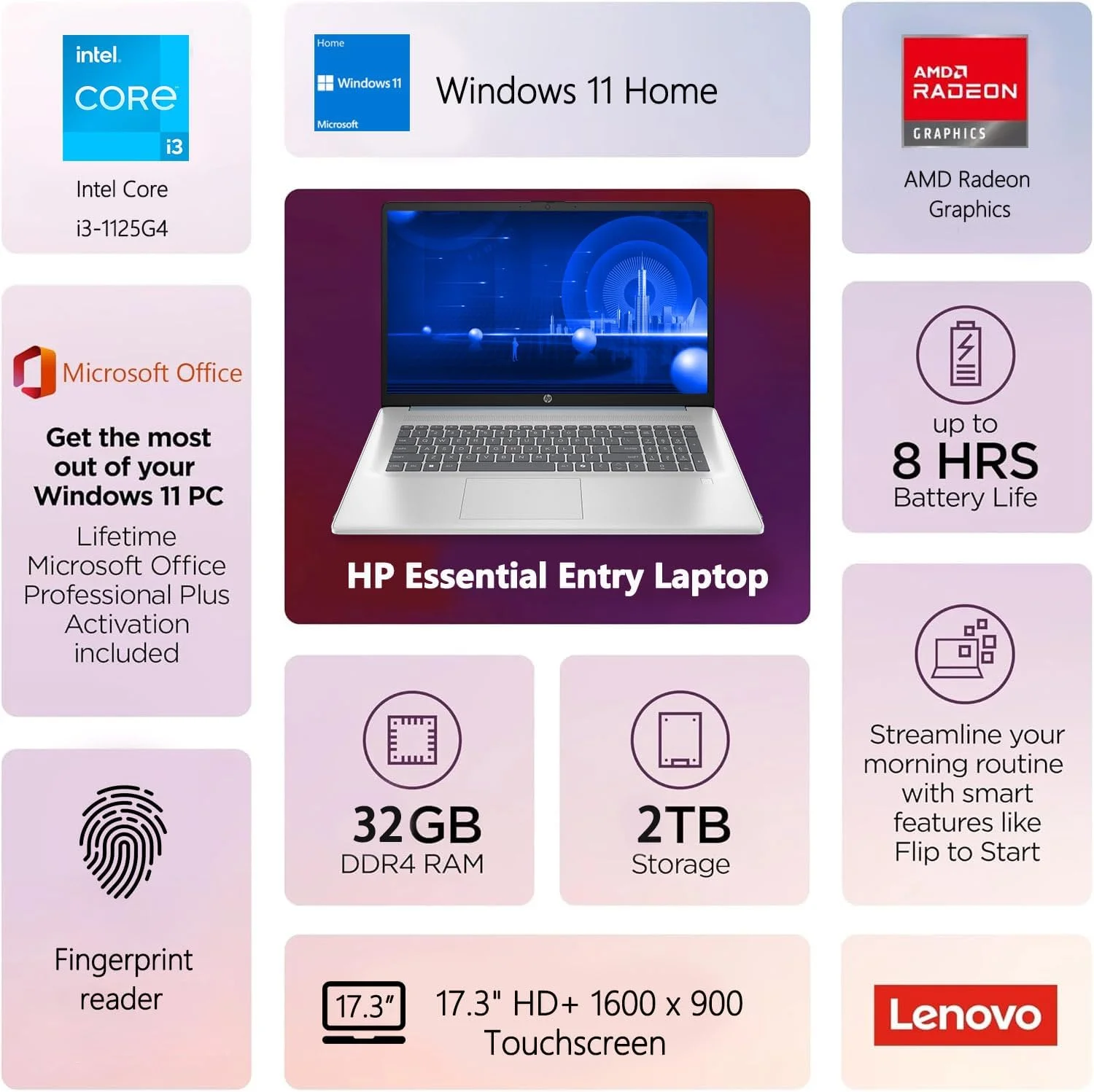 لپ تاپ HP 17، صفحه نمایش 17.3 اینچی HD+، پردازنده نسل 11 اینتل Core i3-1125G4، رم 16 گیگابایتی، SSD 512 گیگابایتی، Wi-Fi، HDMI، وب کم، ویندوز 11 هوم، نقره ای