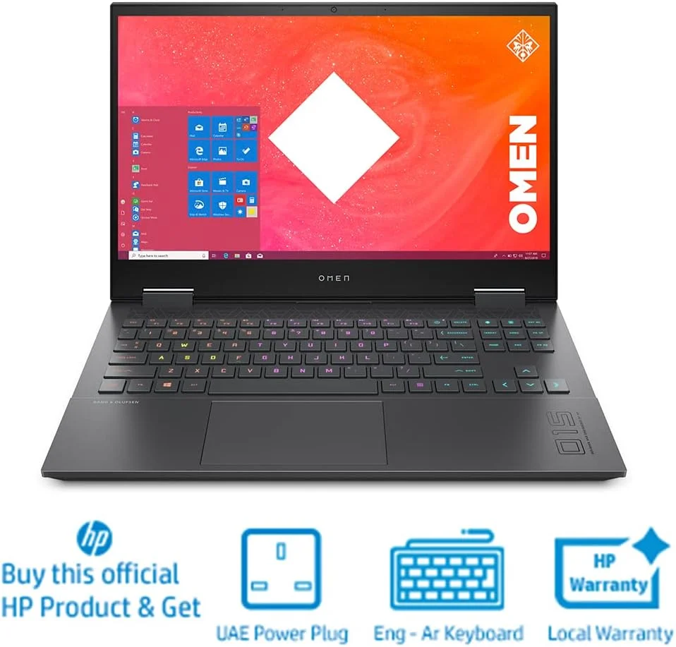 لپ تاپ گیمینگ HP OMEN 15 en1001ne، صفحه نمایش 15.6 اینچی FHD، پردازنده AMD Ryzen 7، رم 16 گیگابایتی، SSD 1 ترابایتی، گرافیک 6 گیگابایتی NVIDIA GeForce RTX 3060، ویندوز 10، صفحه کلید AR EN، نقره ای میکا 38U49EA، مشکی