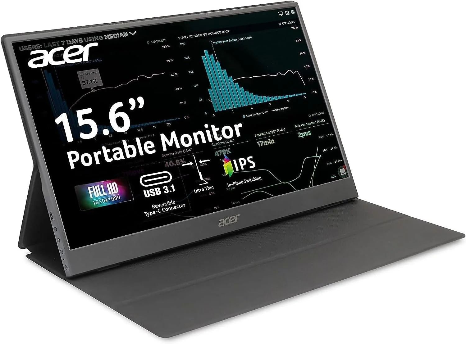 مانیتور قابل حمل 15.6 اینچی FHD ایسر PM1 | پنل IPS | طراحی فوق العاده نازک و سبک | دارای 1 ورودی Mini HDMI و 2 ورودی USB Type-C