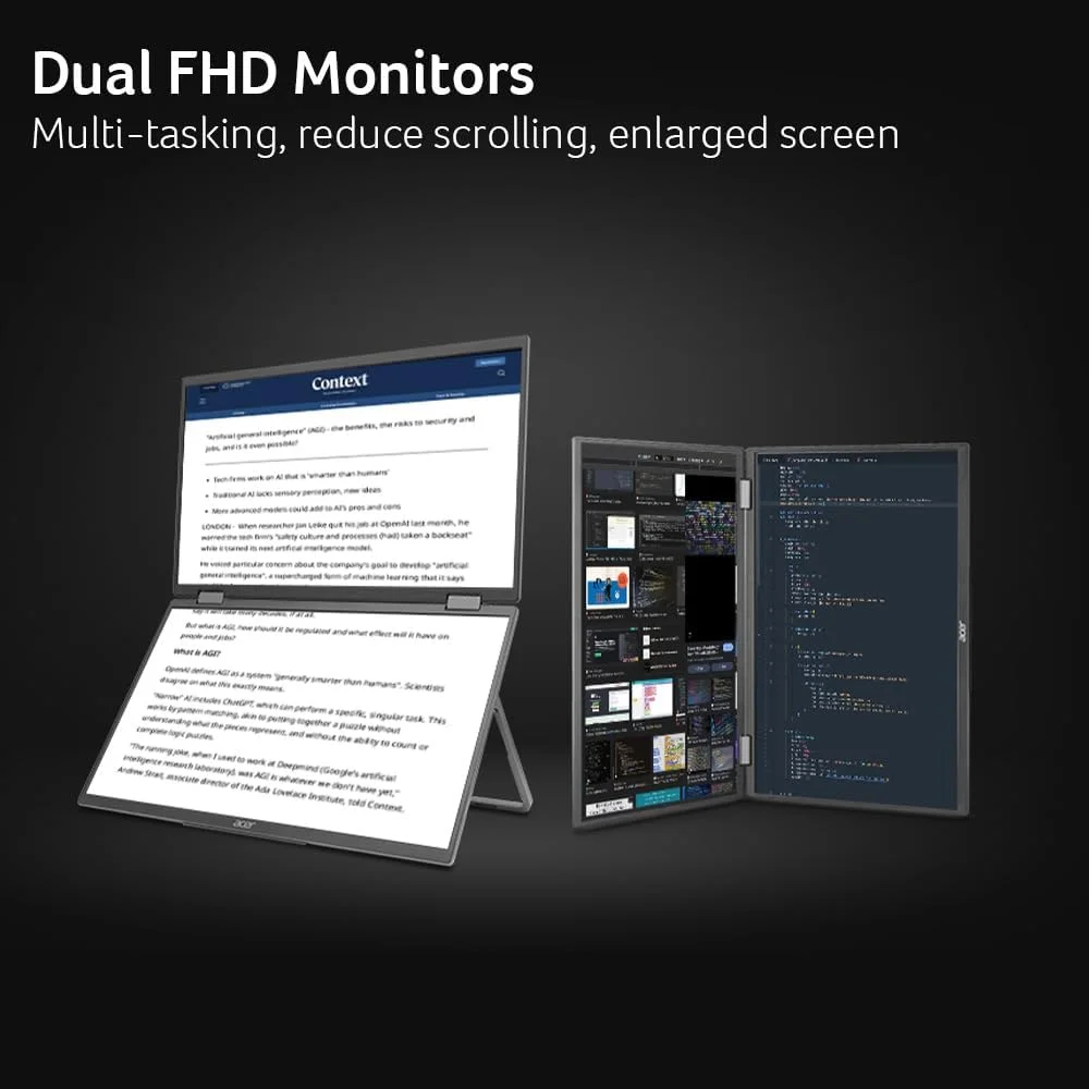 مانیتور پرتابل دوگانه تاشو 18.5 اینچی FHD 1080P ایسر مدل PD193Q | Adaptive-Sync | چرخش خودکار، نمایش عمودی یا افقی | بلندگوهای 2Wx2 | Plug & Play برای کامپیوترها | 2 x USB Type-C & 1 x Mini HDMI