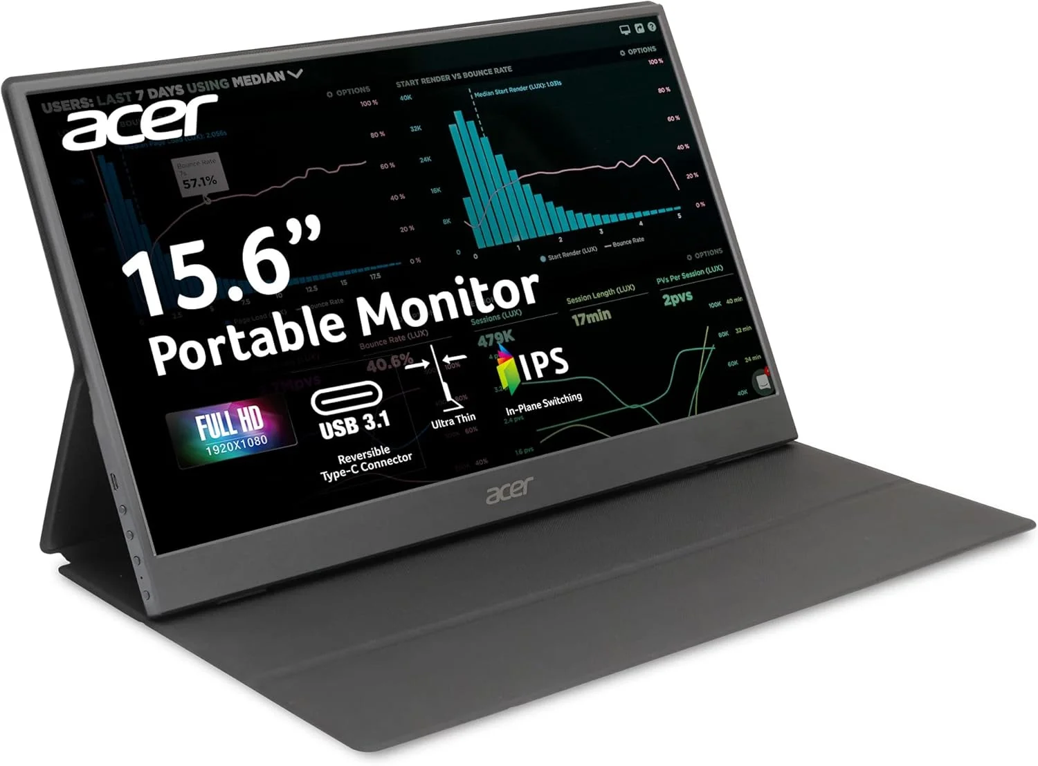 مانیتور قابل حمل ایسر مدل PM161Q Abmiuuzx با صفحه نمایش 15.6 اینچی Full HD 1920 x 1080 IPS، طراحی فوق العاده باریک، روکش ممتاز، مناسب برای لپ تاپ، کامپیوتر، مک، دارای 2 پورت USB 3.1 Type-C، 1 پورت Mini HDMI و Micro USB، رنگ مشکی