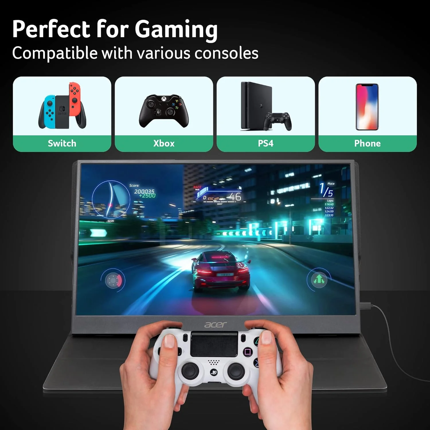 مانیتور قابل حمل ایسر مدل PM161Q Abmiuuzx با صفحه نمایش 15.6 اینچی Full HD 1920 x 1080 IPS، طراحی فوق العاده باریک، روکش ممتاز، مناسب برای لپ تاپ، کامپیوتر، مک، دارای 2 پورت USB 3.1 Type-C، 1 پورت Mini HDMI و Micro USB، رنگ مشکی