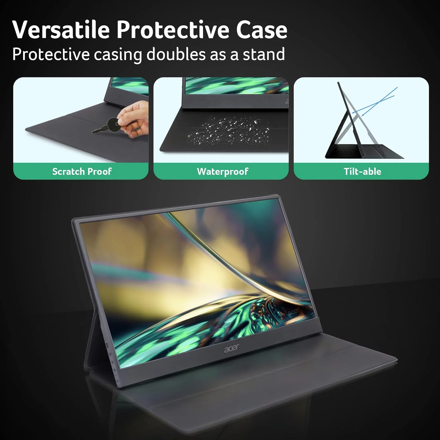 مانیتور قابل حمل ایسر مدل PM161Q Abmiuuzx با صفحه نمایش 15.6 اینچی Full HD 1920 x 1080 IPS، طراحی فوق العاده باریک، روکش ممتاز، مناسب برای لپ تاپ، کامپیوتر، مک، دارای 2 پورت USB 3.1 Type-C، 1 پورت Mini HDMI و Micro USB، رنگ مشکی