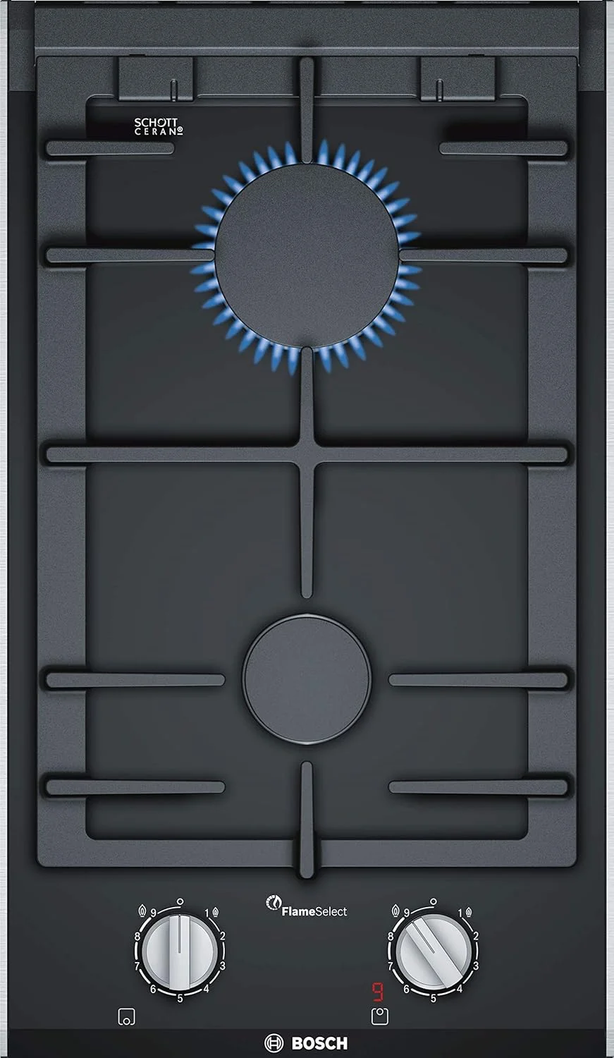 اجاق گاز رومیزی بوش سری 8 مدل Domino، 30 سانتی متر، تکیه گاه چدنی، جرقه زن خودکار، کنترل چرخشی، مشکی - PRB3A6D70M، 1 سال گارانتی