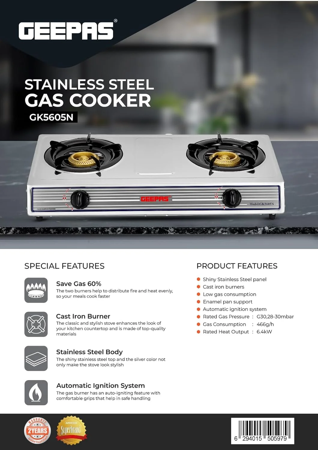 اجاق گاز استیل جیپاس، 2 شعله، مدل GK5605N | سیستم جرقه زنی اتوماتیک | نگهدارنده قابلمه با روکش الکتروپلیت | سرشعله های چدنی | کاربر پسند اجاق گاز استیل جیپاس، 2 شعله، مدل GK5605N | سیستم جرقه زنی اتوماتیک | نگهدارنده قابلمه با روکش الکتروپلیت | سرشعله های چدنی | کاربر پسند