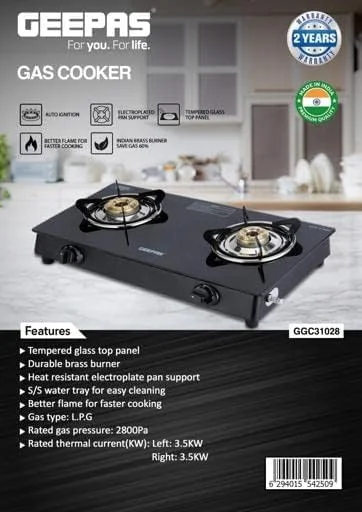 اجاق گاز جیپاس مدل GGC31028 | دو شعله | صفحه شیشه ای سکوریت | فندک اتوماتیک | شعله برنجی بادوام | اجاق گاز LPG | مقاوم در برابر حرارت | سینی آب استیل ضد زنگ | مشکی | 2 سال گارانتی اجاق گاز جیپاس مدل GGC31028 | دو شعله | صفحه شیشه ای سکوریت | فندک اتوماتیک | شعله برنجی بادوام | اجاق گاز LPG | مقاوم در برابر حرارت | سینی آب استیل ضد زنگ | مشکی | 2 سال گارانتی