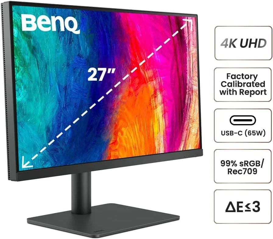 مانیتور طراح بنکیو PD2705U سایز 27 اینچ 4K با رزولوشن 3840x2160، UHD، پوشش sRGB و Rec.709، HDR10، پنل IPS، پورت USB-C (65W)، هاب USB، فناوری AQCOLOR، کالیبره شده در کارخانه، حالت CAD/CAM، کلید میانبر Puck G2، KVM، ارگونومیک، ICC Sync (خاکستری)