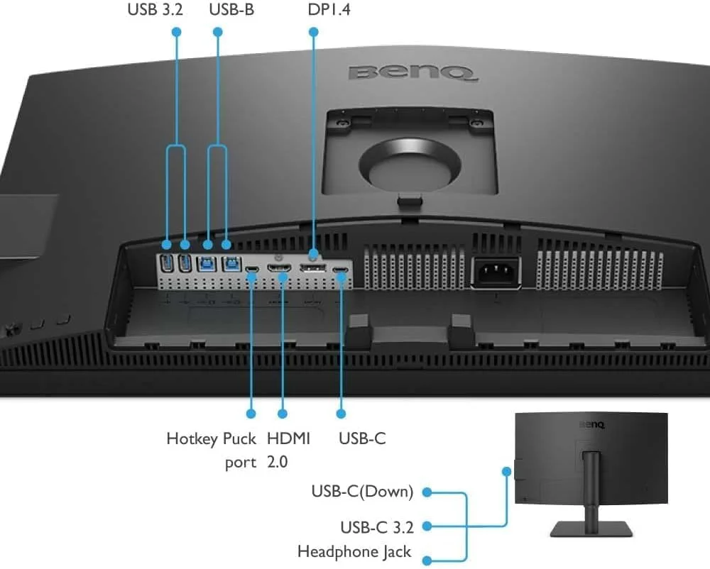 مانیتور طراح بنکیو PD2705U سایز 27 اینچ 4K با رزولوشن 3840x2160، UHD، پوشش sRGB و Rec.709، HDR10، پنل IPS، پورت USB-C (65W)، هاب USB، فناوری AQCOLOR، کالیبره شده در کارخانه، حالت CAD/CAM، کلید میانبر Puck G2، KVM، ارگونومیک، ICC Sync (خاکستری)