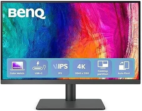 مانیتور طراح بنکیو PD2705U سایز 27 اینچ 4K با رزولوشن 3840x2160، UHD، پوشش sRGB و Rec.709، HDR10، پنل IPS، پورت USB-C (65W)، هاب USB، فناوری AQCOLOR، کالیبره شده در کارخانه، حالت CAD/CAM، کلید میانبر Puck G2، KVM، ارگونومیک، ICC Sync (خاکستری)