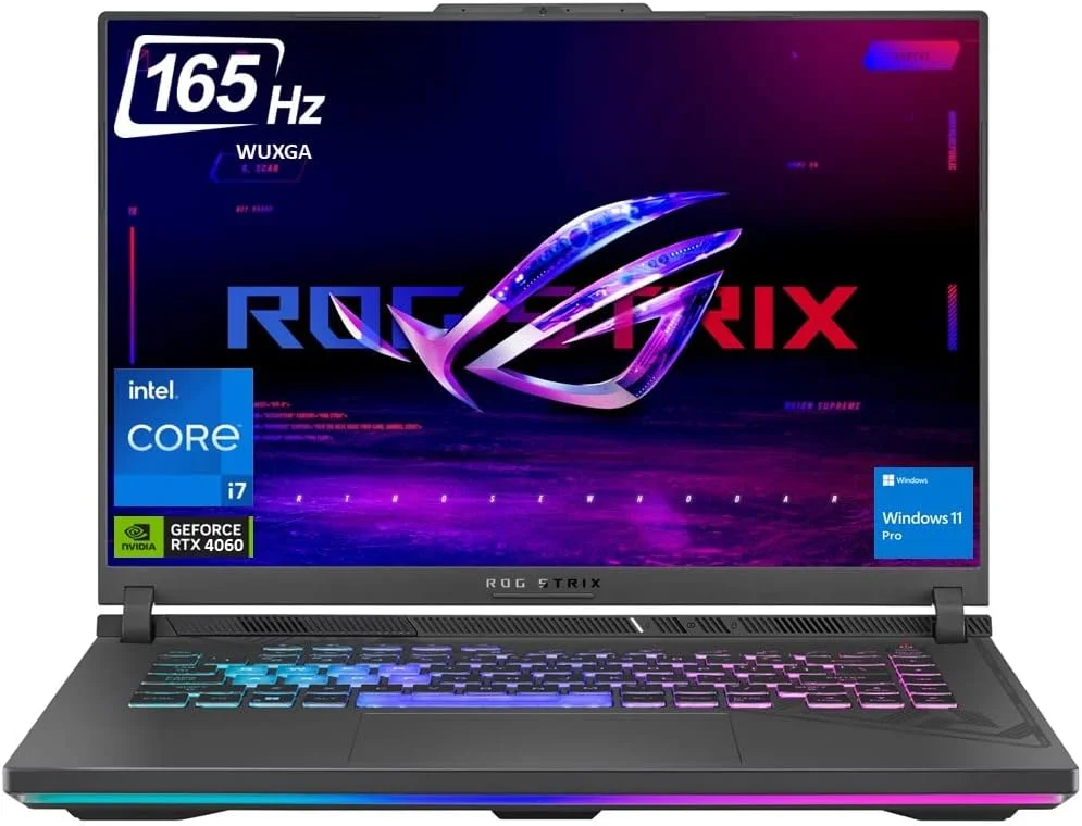 لپ تاپ گیمینگ ایسوس ROG Strix G16، صفحه نمایش 16 اینچی WUXGA 165 هرتز، GeForce RTX 4060 140W، نسل سیزدهم اینتل 14 هسته ای i7-13650HX، رم 64 گیگابایتی DDR5، حافظه SSD 2 ترابایتی PCIe، تاندربولت 4، نورپردازی RGB 4 منطقه ای، HDMI، RJ45، WiFi 6E، ویندوز 11 پرو، خاکستری تیره