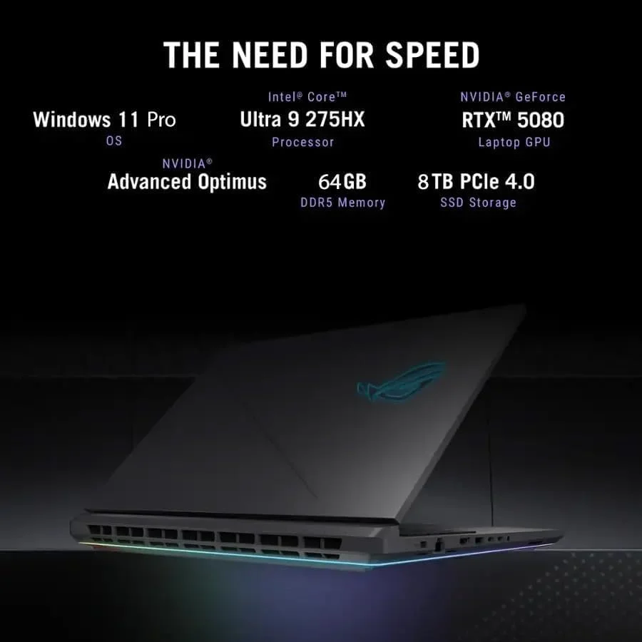لپ تاپ گیمینگ ایسوس ROG Strix G18 مدل 2025، کارت گرافیک GeForce RTX 5080 با 16 گیگابایت DDR7، پردازنده Intel Ultra 9 275HX، نمایشگر 18 اینچی 2.5K 240Hz Nebula، حافظه رم 64 گیگابایت DDR5، حافظه SSD 8 ترابایت، Wi-Fi 7، کیبورد با نور پس زمینه RGB، ویندوز 11 پرو، به همراه آفیس مادام العمر