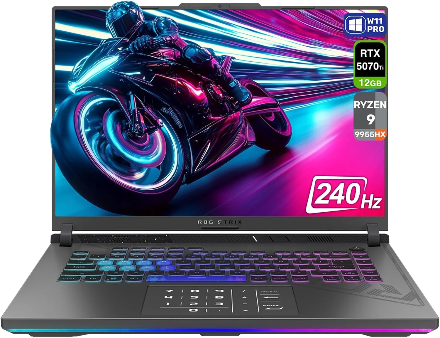 لپ تاپ گیمینگ ایسوس ROG Strix G16، AMD Ryzen 9-9955HX، رم 64 گیگابایتی DDR5، SSD 2 ترابایتی PCIe، نمایشگر 16 اینچی 2.5K (2560x1600)، Nvidia G-Force RTX 5070Ti، کیبورد Chiclet با نور پس زمینه RGB، ویندوز 11 پرو، خاکستری Eclipse