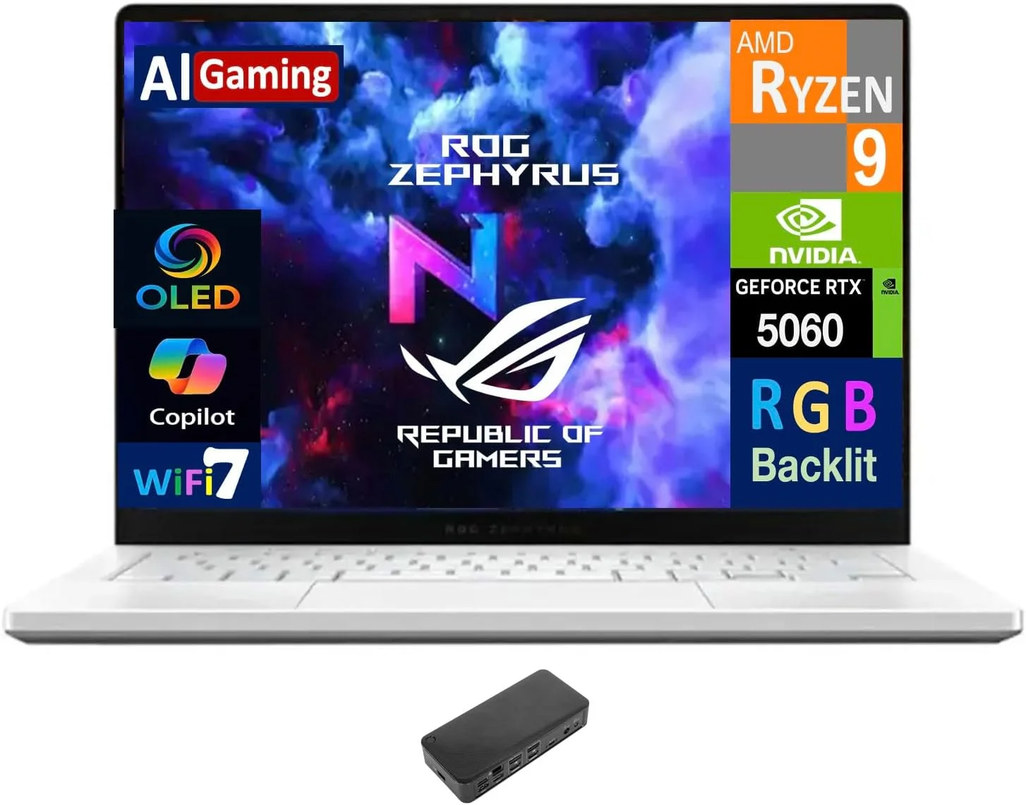 لپ تاپ گیمینگ ایسوس ROG Zephyrus AI با نمایشگر 14.0 اینچی OLED 120 هرتز 2.8K (AMD Ryzen 9 270، GeForce RTX 5060 8GB، 16GB LPDDR5X، 2TB PCIe SSD، RGB KB، WiFi 7، وب کم، Win 11 Pro) همراه با داک USB-C