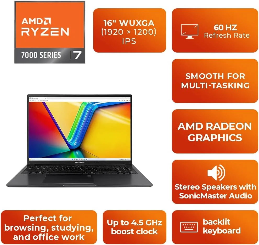 لپ تاپ ASUS VivoBook 16 اینچ WUXGA IPS | کیبورد Chiclet انگلیسی | M1605YA-MB345 | AMD R7-7730U | رم 8 گیگابایت | 512 گیگابایت SSD | ویندوز 11 پرو (ارتقا یافته) - مشکی تیره لپ تاپ ASUS VivoBook 16 اینچ WUXGA IPS | کیبورد Chiclet انگلیسی | M1605YA-MB345 | AMD R7-7730U | رم 8 گیگابایت | 512 گیگابایت SSD | ویندوز 11 پرو (ارتقا یافته) - مشکی تیره