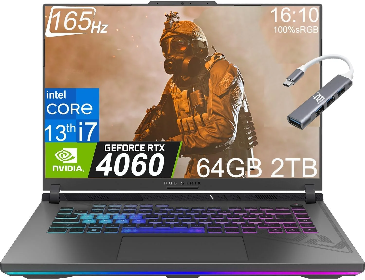 لپ تاپ گیمینگ ایسوس ROG Strix G16 با صفحه نمایش 16 اینچ FHD+ 165Hz (پردازنده Intel نسل 13 Core i7-13650H، رم 64GB DDR5، حافظه 2TB PCIe SSD، کارت گرافیک Gece RTX 4060 8GB) نور پس زمینه RGB، Thunderbolt 4، Wi-Fi 6E، کابل IST، ویندوز 11 Home - 2023 Eclipse Gray