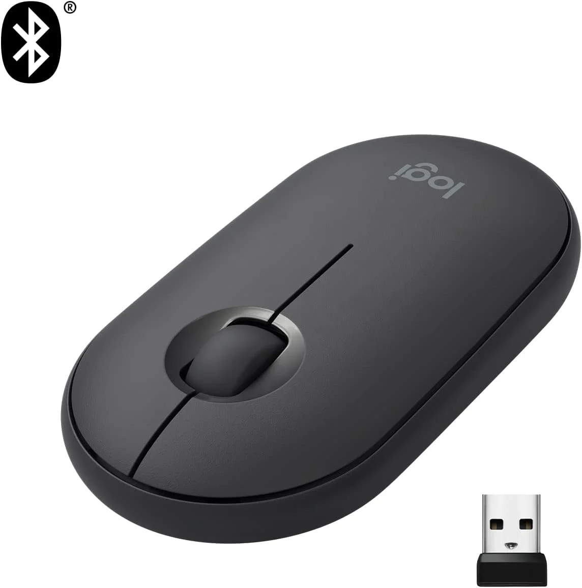موس بی سیم لاجیتک Pebble با بلوتوث یا گیرنده 2.4 گیگاهرتز، بی صدا، موس کامپیوتر باریک با کلیک های آرام، 1K DPI، باتری 18 ماهه، برای لپ تاپ/ نوت بوک/ آیپد/ PC/ مک/ کروم بوک - گرافیت