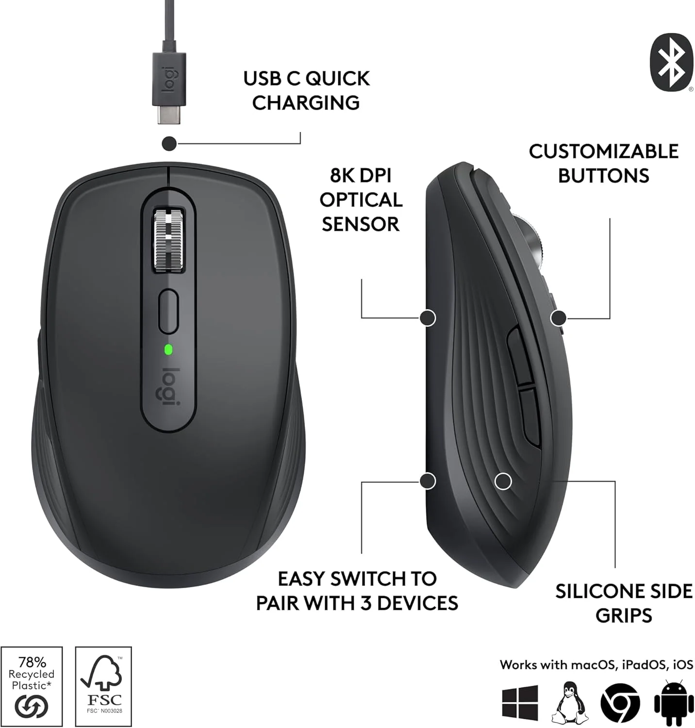 موس بی سیم جمع و جور لاجیتک MX Anywhere 3S، اسکرول سریع در همه جا، DPI 8K، بی صدا، دکمه های قابل برنامه ریزی، USB C، بلوتوث، ویندوز، لینوکس، کروم، مک - مشکی موس بی سیم جمع و جور لاجیتک MX Anywhere 3S، اسکرول سریع در همه جا، DPI 8K، بی صدا، دکمه های قابل برنامه ریزی، USB C، بلوتوث، ویندوز، لینوکس، کروم، مک - مشکی