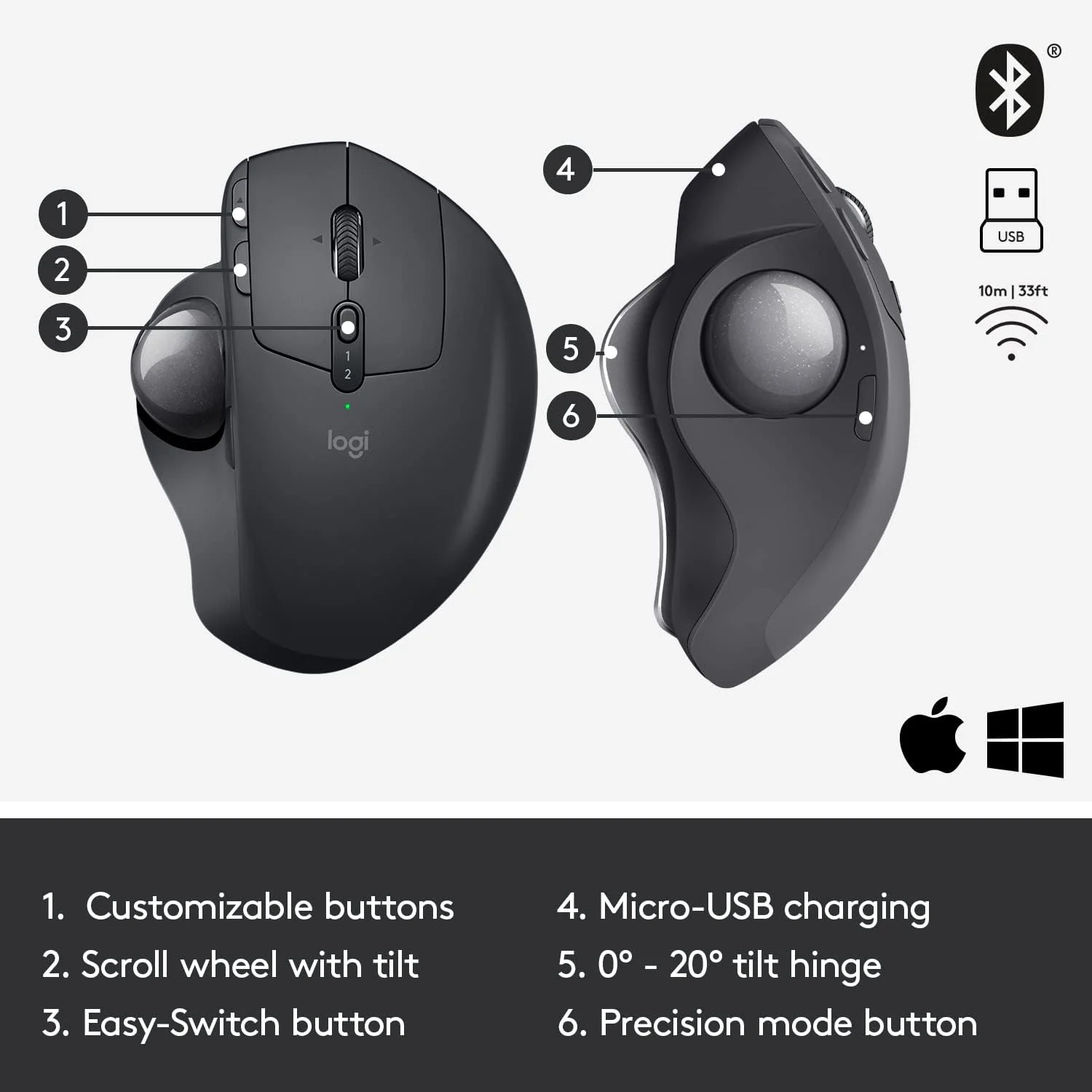 ماوس ترک بال بی سیم Logitech MX Ergo، طراحی ارگونومیک، انتقال محتوا بین 2 ویندوز و کامپیوتر اپل مک (بلوتوث یا USB)، قابل شارژ - با اشتراک رایگان Adobe Creative Cloud ماوس ترک بال بی سیم Logitech MX Ergo، طراحی ارگونومیک، انتقال محتوا بین 2 ویندوز و کامپیوتر اپل مک (بلوتوث یا USB)، قابل شارژ - با اشتراک رایگان Adobe Creative Cloud