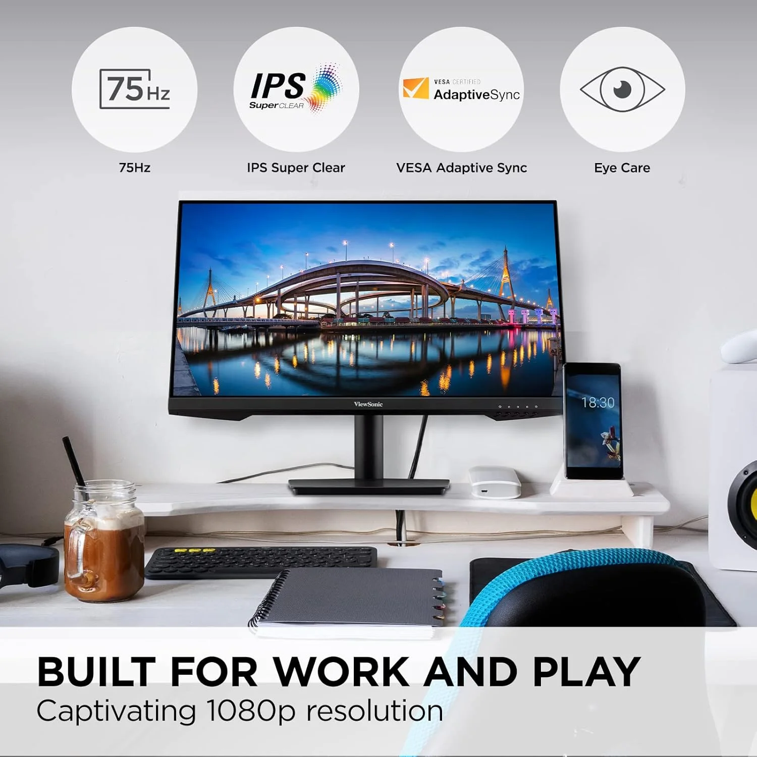 مانیتور 24 اینچی ویوسونیک VA2409M پنل IPS با رزولوشن 1080p، Adaptive Sync، حاشیه های باریک، HDMI، VGA و فناوری محافظت از چشم، مشکی