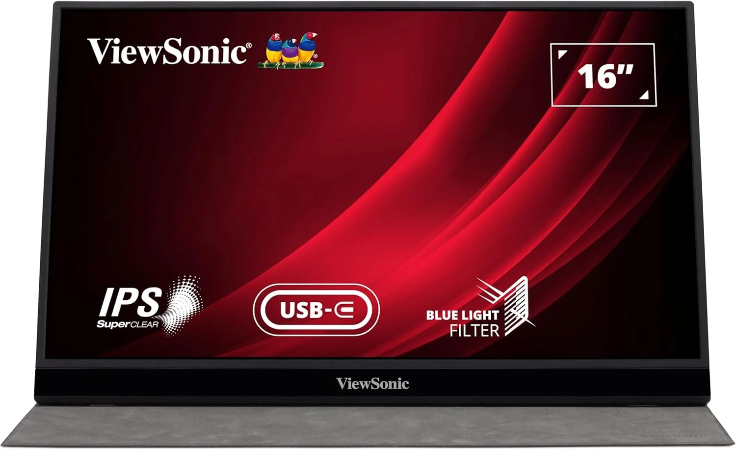 مانیتور قابل حمل 16 اینچی ویوسونیک VG1655، FHD (Full HD)، 60 هرتز، 6.5 میلی‌ثانیه، تنظیمات نمایشگر انعطاف‌پذیر - کار در هر زاویه، راه حل تک کابلی USB-C 60 واتی برای انتقال چندرسانه‌ای و شارژ برق