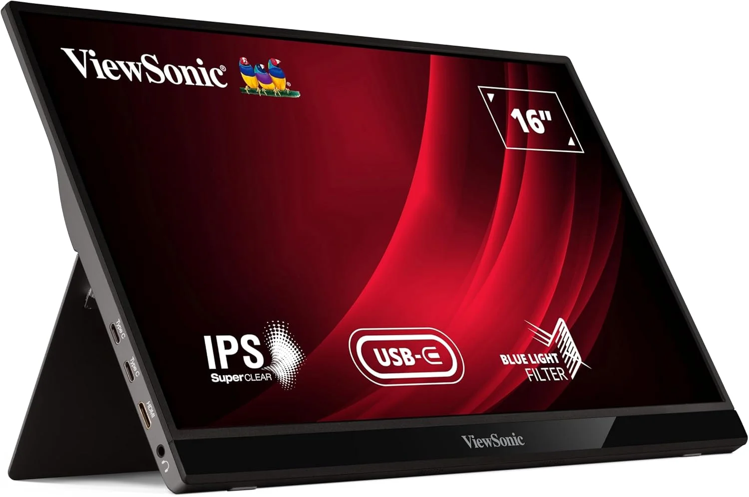 مانیتور قابل حمل 16 اینچی ویوسونیک VG1655، FHD (Full HD)، 60 هرتز، 6.5 میلی‌ثانیه، تنظیمات نمایشگر انعطاف‌پذیر - کار در هر زاویه، راه حل تک کابلی USB-C 60 واتی برای انتقال چندرسانه‌ای و شارژ برق