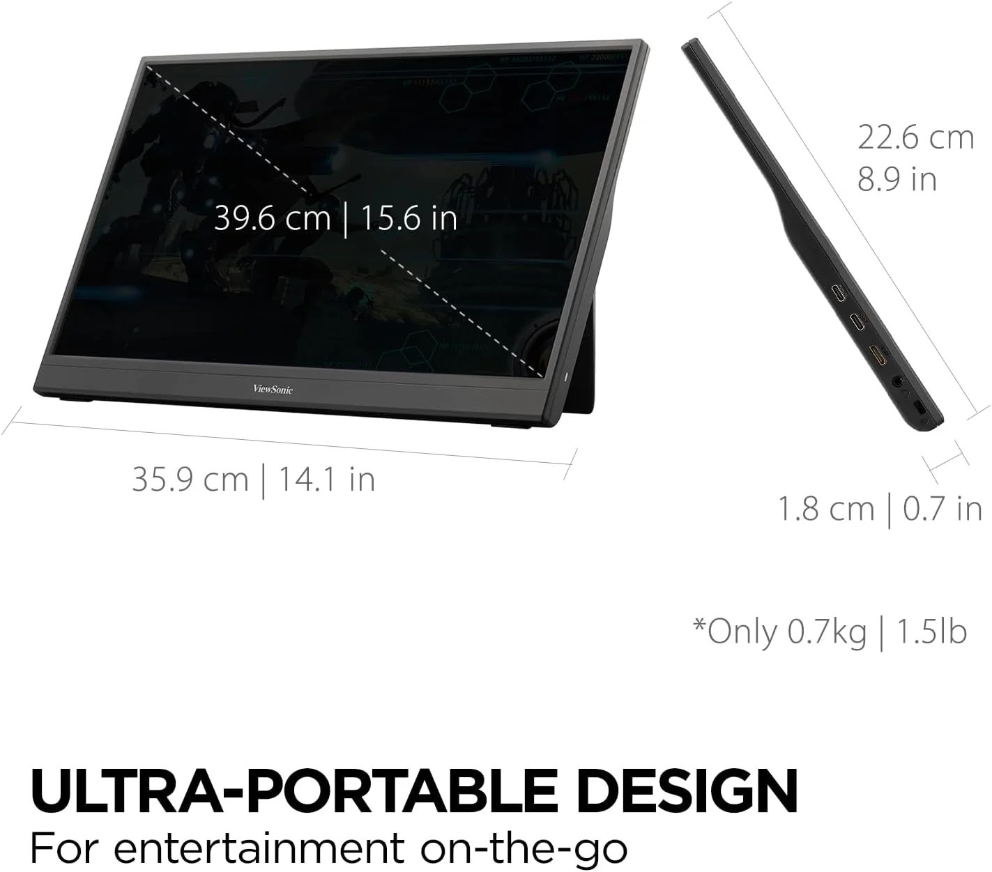 مانیتور گیمینگ قابل حمل 16 اینچی ویوسونیک VX1654 (1920 x 1080)، 144 هرتز، 6.5 میلی‌ثانیه، SuperClear® IPS، مینی HDMI، 2 USB نوع C، بلندگو