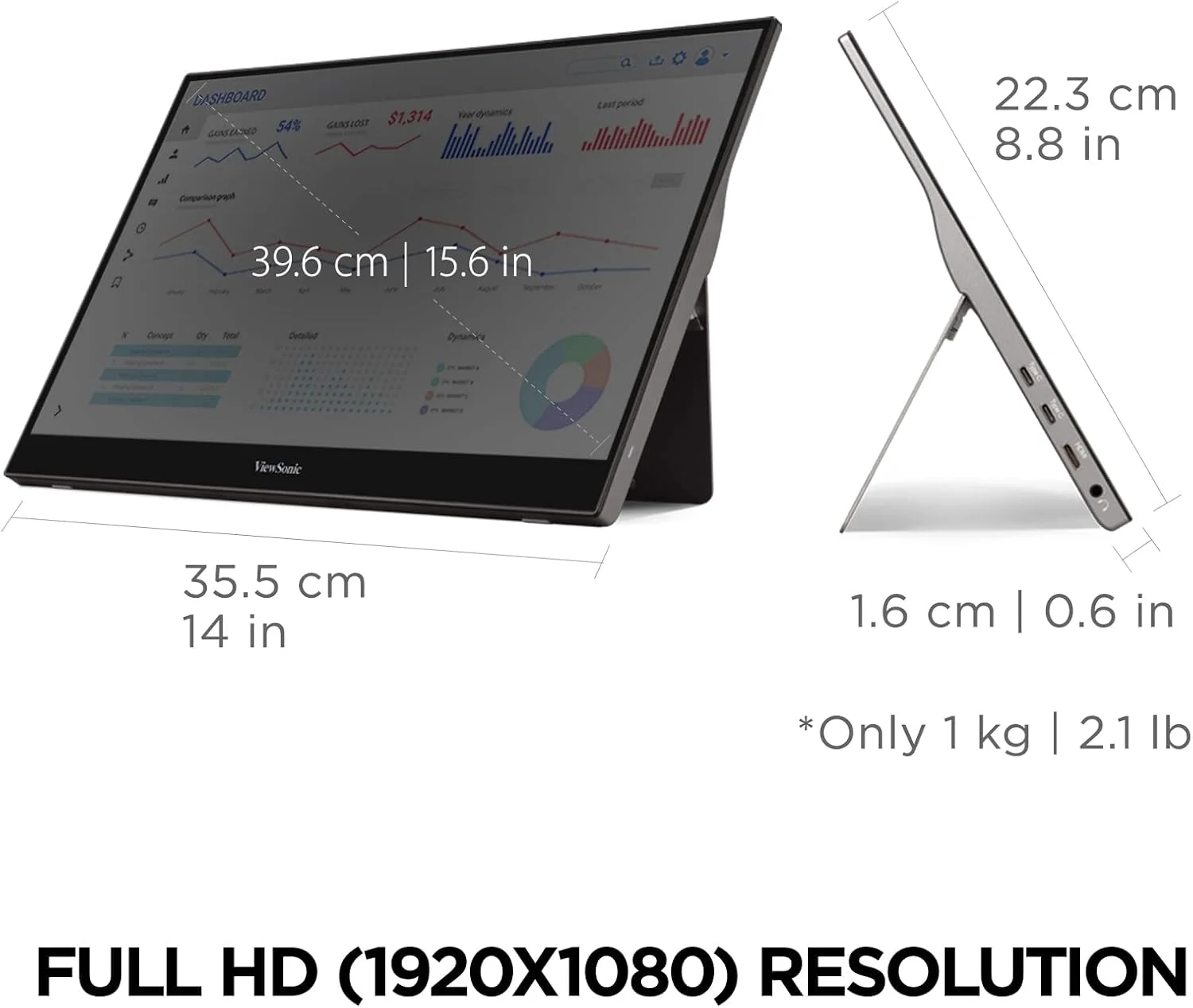 مانیتور لمسی قابل حمل 16 اینچی Full HD ویوسونیک مدل TD1655 با USB C با توان 60 وات، محافظت از چشم، بلندگوهای دوگانه، طراحی بدون حاشیه با پوشش مغناطیسی محافظ (تجدید شده)
