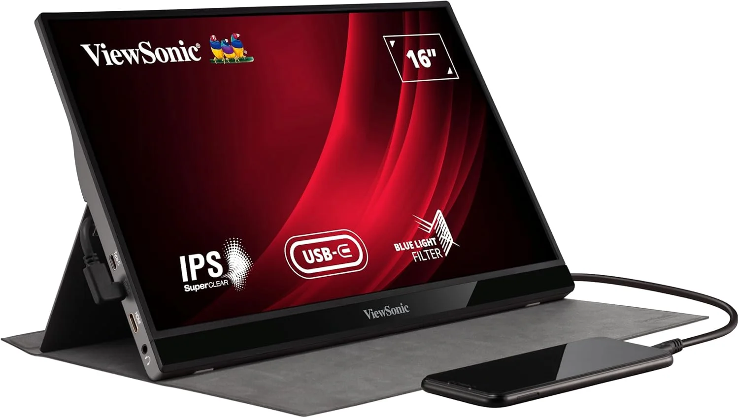 مانیتور قابل حمل 16 اینچی ویوسونیک VG1655، FHD (Full HD)، 60 هرتز، 6.5 میلی‌ثانیه، تنظیمات نمایشگر انعطاف‌پذیر - کار در هر زاویه، راه حل تک کابلی USB-C 60 واتی برای انتقال چندرسانه‌ای و شارژ برق