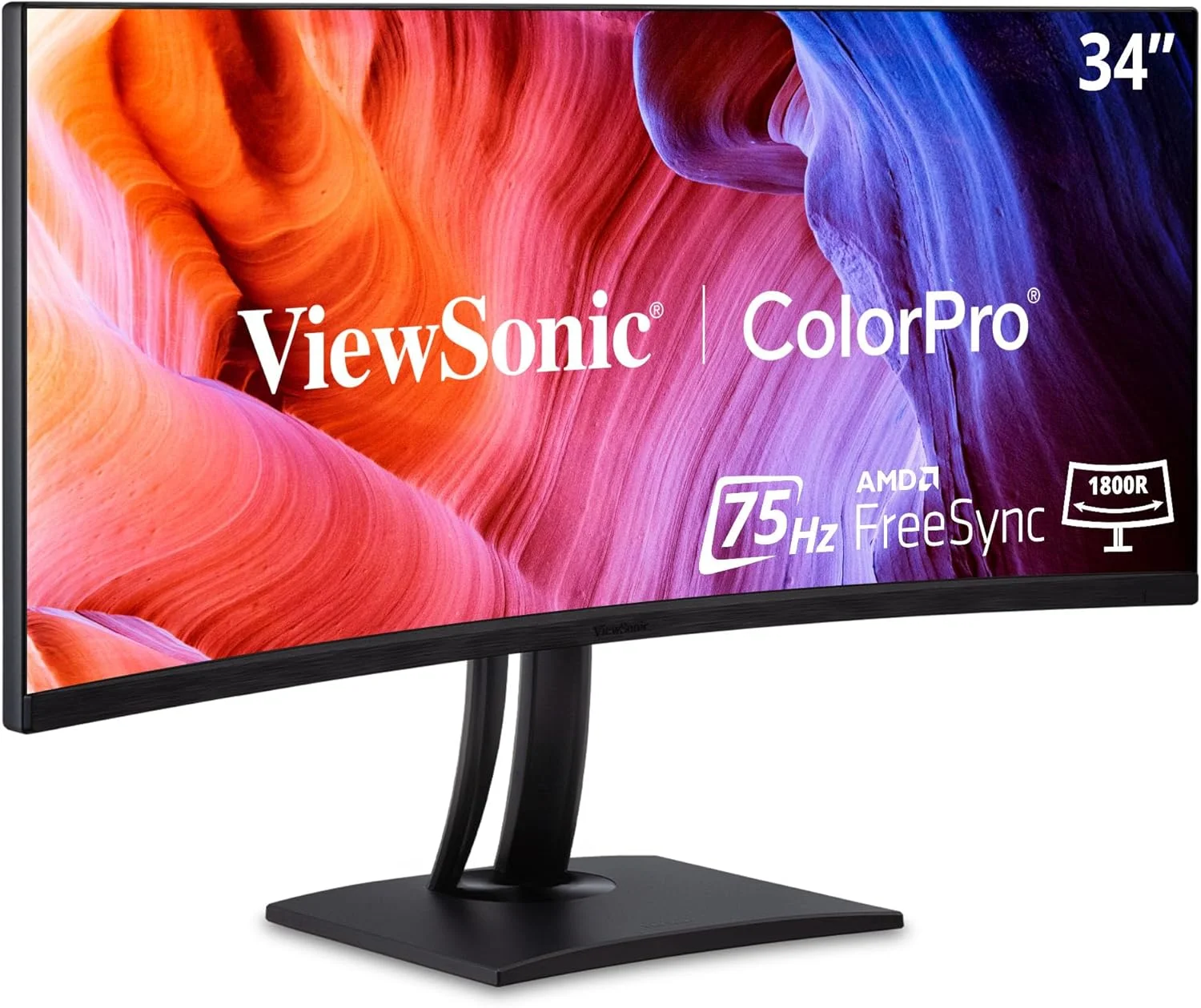 مانیتور خمیده 34 اینچی فوق عریض ViewSonic VP3456A با رزولوشن QHD 1440p، فناوری ColorPro با پوشش 100% sRGB REC 709، LUT سه بعدی 14 بیتی، پورت USB C با توان 100 وات، HDMI، DisplayPort و هاب USB برای استفاده حرفه ای در خانه و محل کار