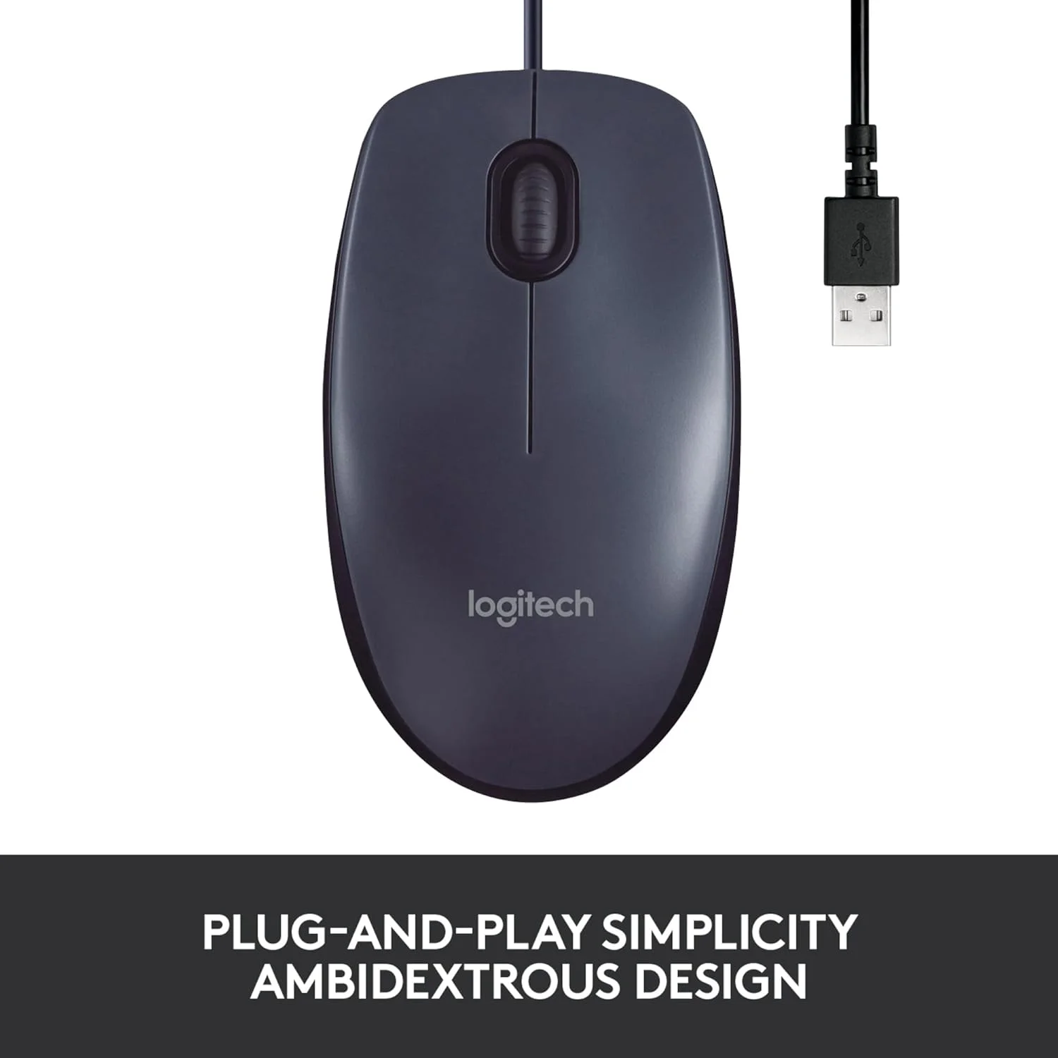 موس سیم دار Logitech B100 با اتصال USB، حسگر اپتیکال 800 DPI، 3 دکمه، مناسب برای افراد راست دست و چپ دست، PC/Mac - مشکی